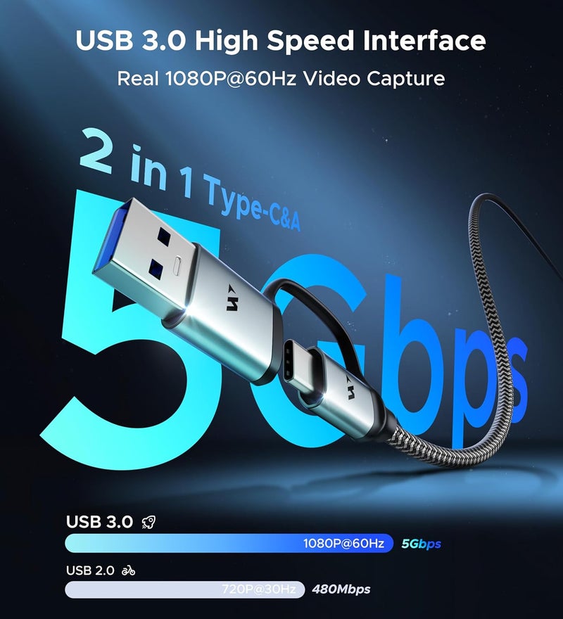 Warrky بطاقة التقاط الفيديو، HDMI إلى USB 3.0 A وجهاز التقاط USB C، إدخال 4K 1080P 60FPS مع زمن انتقال منخفض للبث وتسجيل الألعاب، متوافق مع iPad وQuest 3 وPS5/4 وSwitch2/1 والكاميرا - Image 3